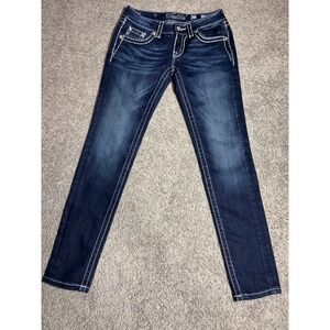 Miss Me Signature Skinny Jeans Dark Wash Thick Stitch‎ Rhinestone Y2K Sz 27